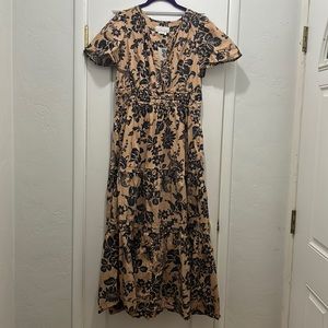 Anthropologie Black and Tan Floral Maxi Dress